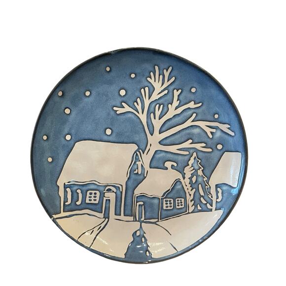 Eli + Ana Christmas Blue Nite Winter Snowy Cabin Salad Plates 8in Set of 4 NEW - Picture 7 of 11